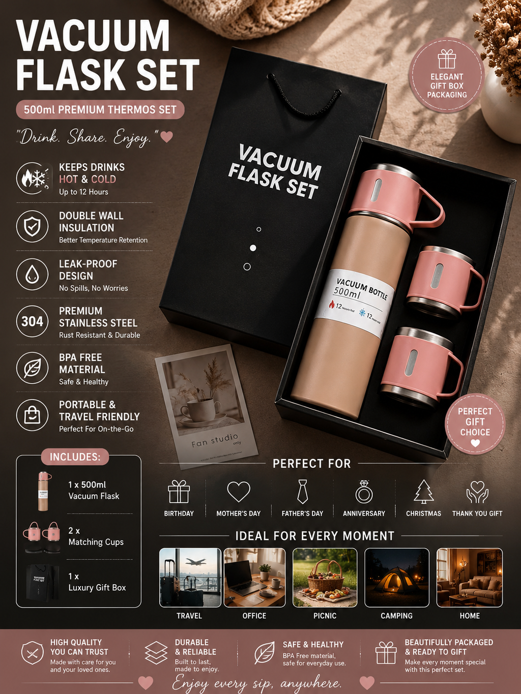 Premium Vacuum Flask Gift Set – 500ml Thermos with 2 Cups
